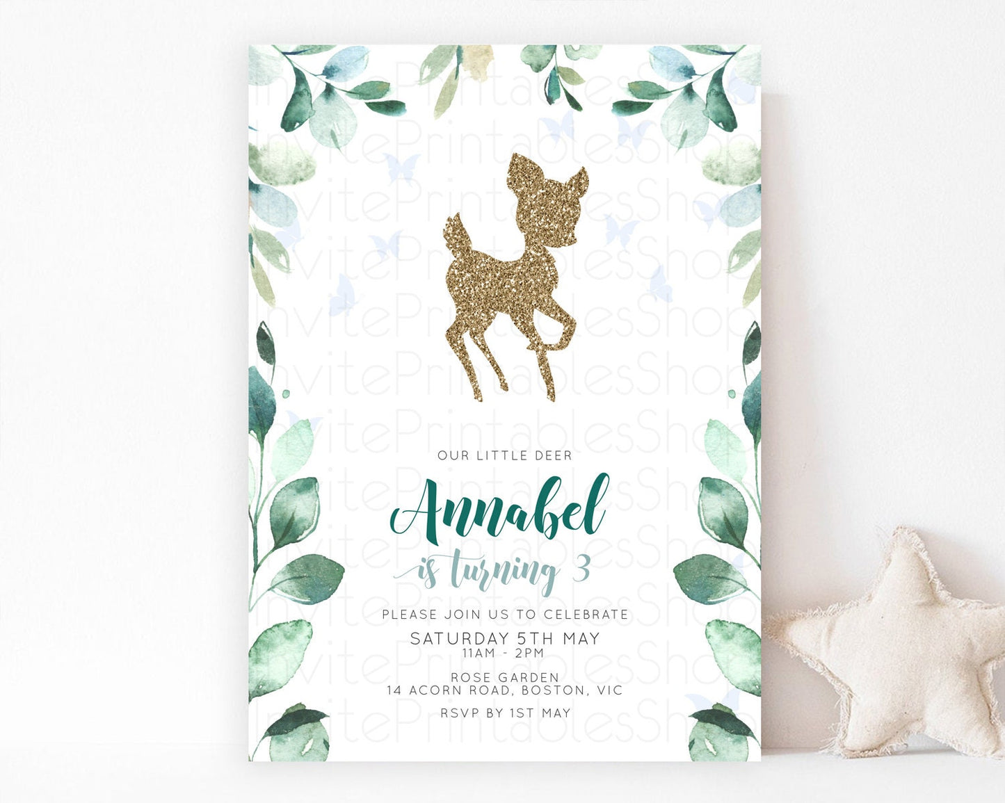 Fawn Birthday Invitation Deer Birthday Invitation Enchanted Forest Party Butterfly Pastel Flowers Whimsical 2nd 1st First Birthday D10882