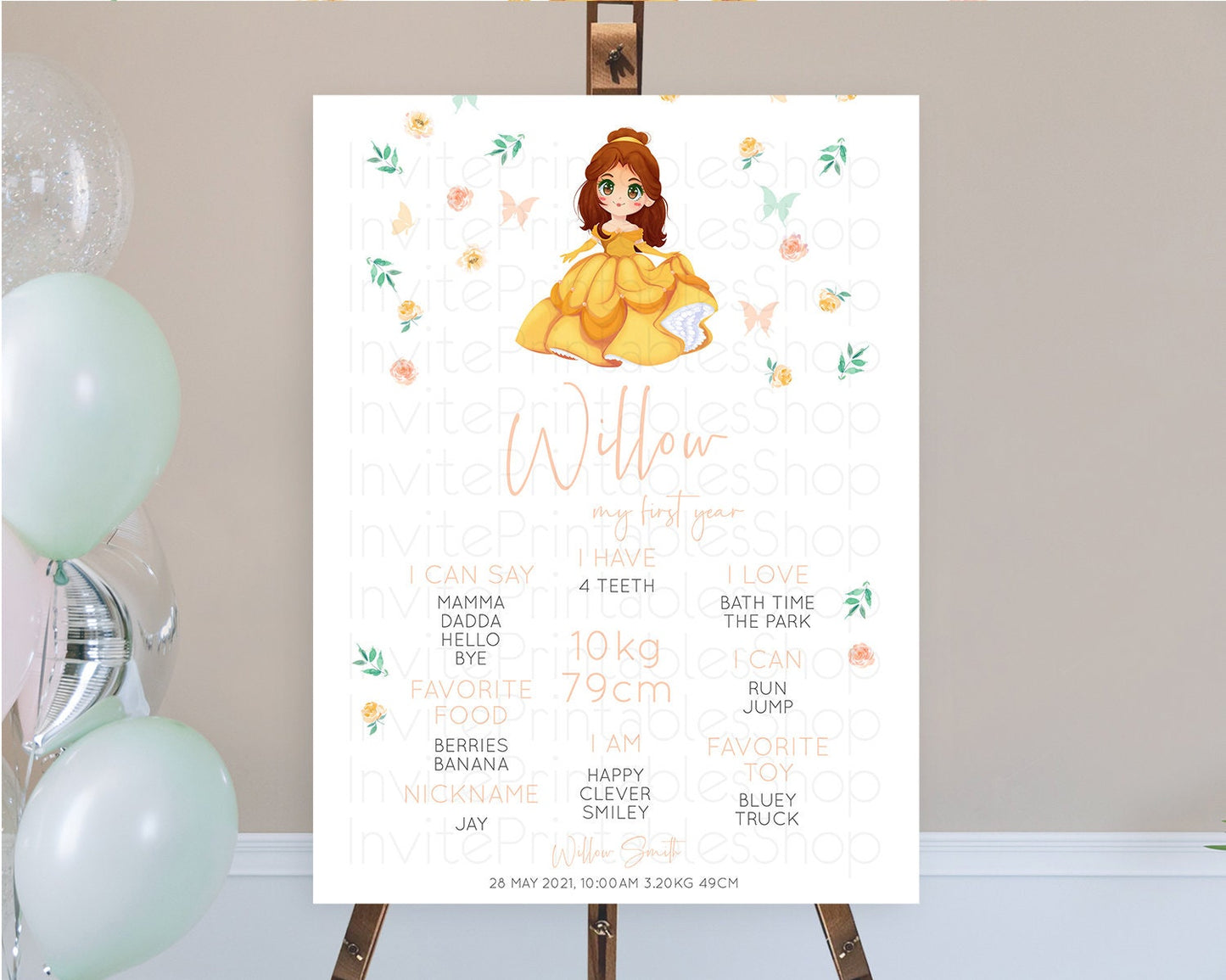 Princess First Birthday Milestone Poster Castle Milestone Board Secret Garden Enchanted Castle Pastel Floral Garden First Birthday D10890