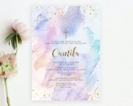 Editable Pastel Baptism Invitation Pastel Colors Watercolor Baptism 1st Birt