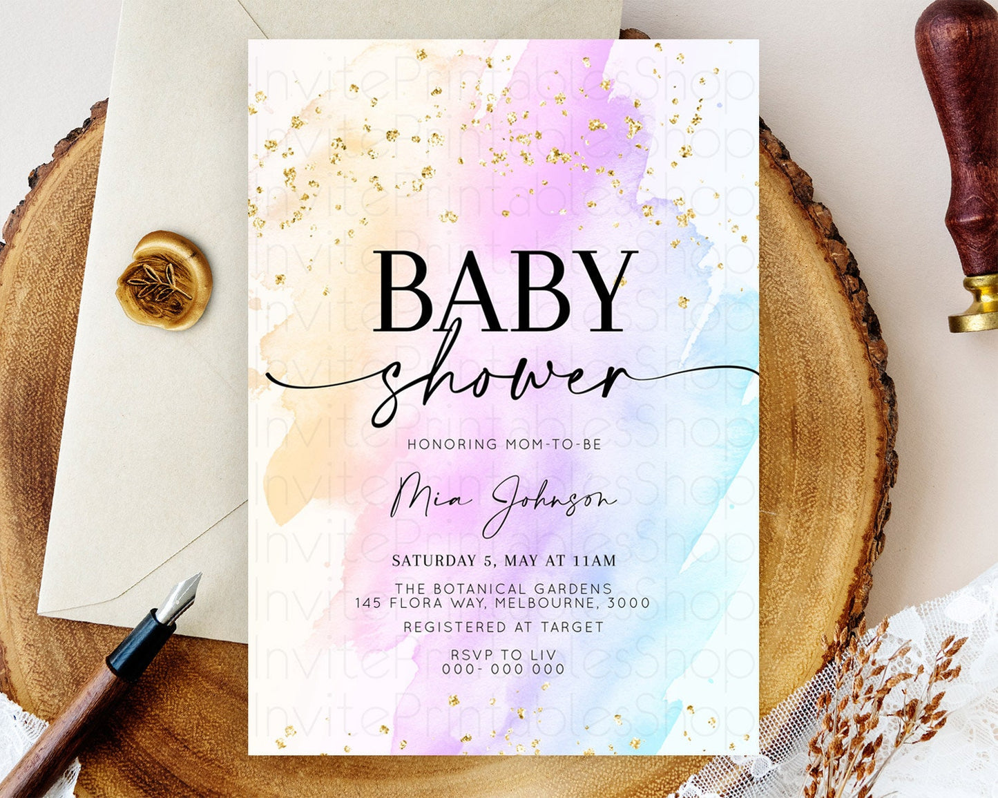 Pastel Baby Shower Invitation Rainbow Baby Shower Invitation Colorful Pastel Watercolor Invitation Gold Glitter Sprinkles Ombre D10175