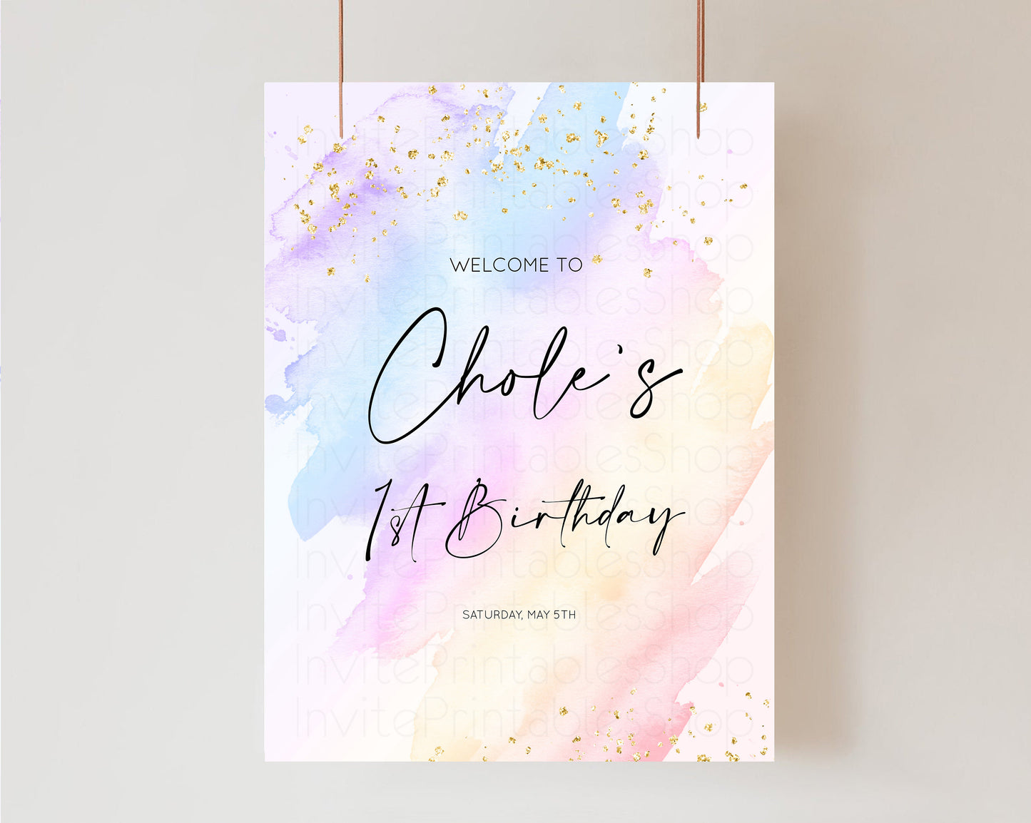 Rainbow Welcome Sign Pastel Watercolor Welcome Board Gold Glitter Confetti Colorful Splash Party Entry Sign 1st Birthday Poster t600