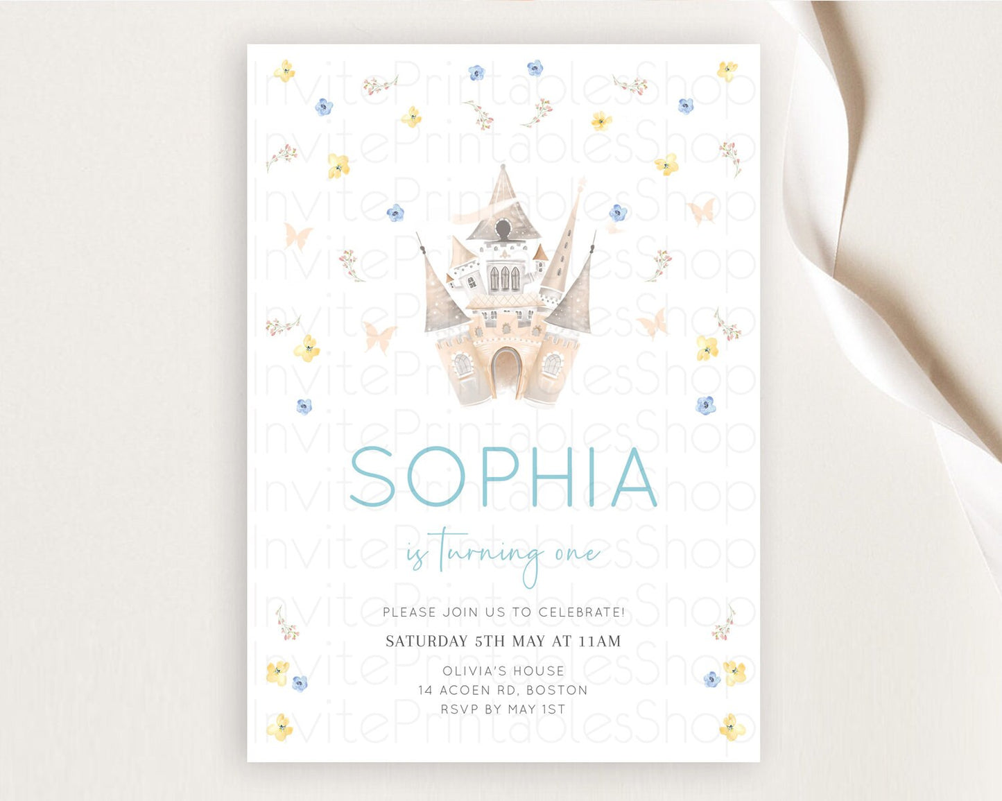 Princess Birthday Invitation Castle Invitation Royal Birthday Fairy Tale Enchanted Castle Pastel Floral Garden 1st First Birthday D10365