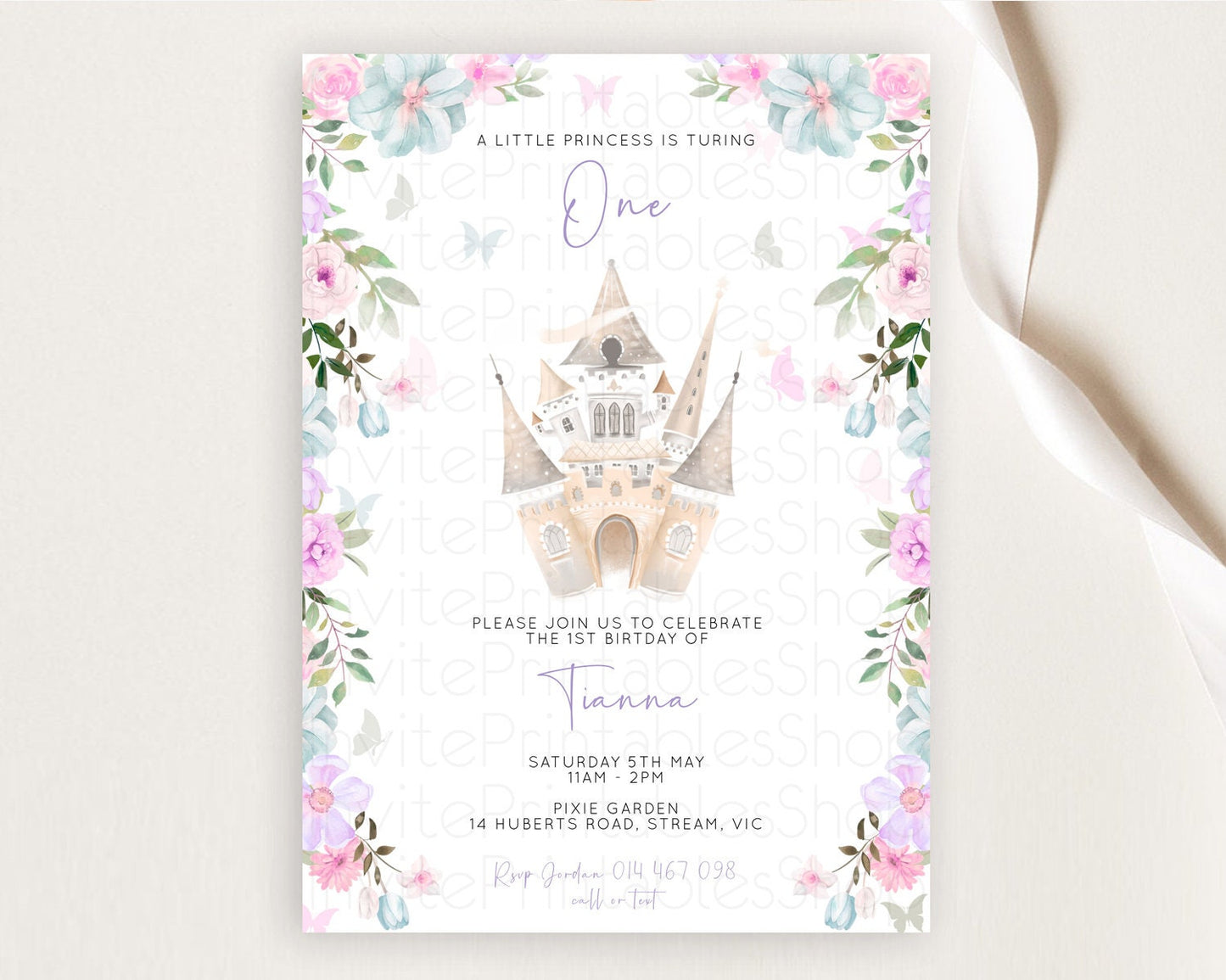 Princess Birthday Invitation Castle Invitation Royal Birthday Fairy Tale Enchanted Castle Pastel Floral Garden 1st First Birthday D10471