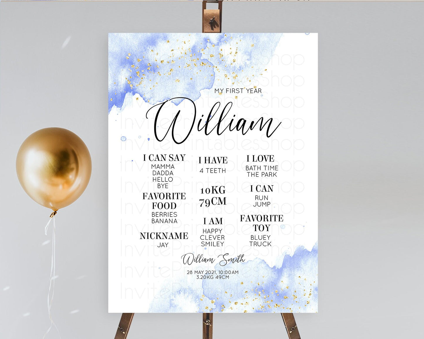 Blue First Birthday Milestone Poster Blue Watercolor Milestone Board Pastel Blue Watercolor Splash Milestone Board 1st Birthday Sign D10313