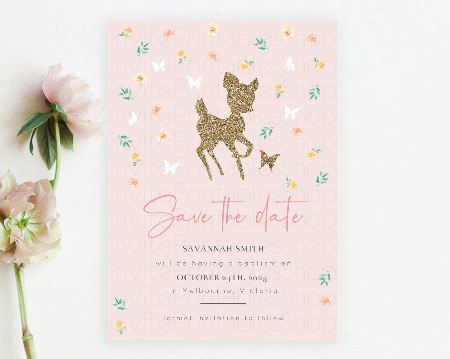 Fawn Deer Save The Date Template Pastel Floral Deer Enchanted Forest Butterfly Party 1st Birthday Baptism Baby Shower Bridal Shower D10386