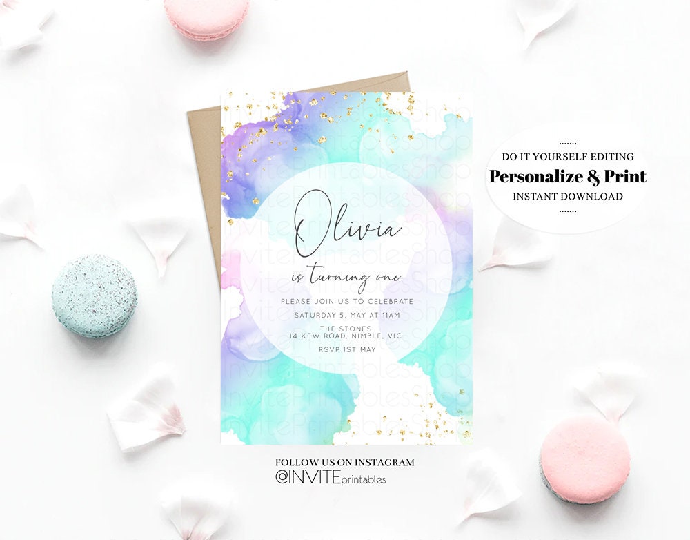 Pastel Rainbow Birthday Invitation Aqua Blue Purple Colorful Watercolor Splash Ombre Ink Paint Gold Glitter Custom Printable Invite