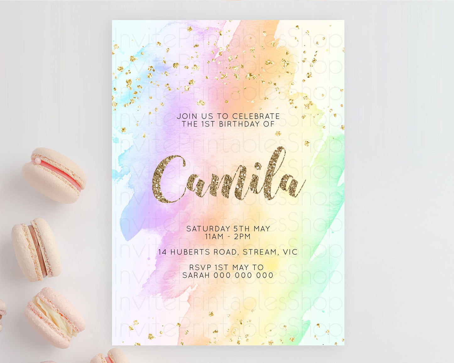 Rainbow Birthday Invitation Colorful Pastel Watercolor Invitation Gold Glitter Sprinkles Ombre Pastel 1st 2nd 3rd Birthday D10643