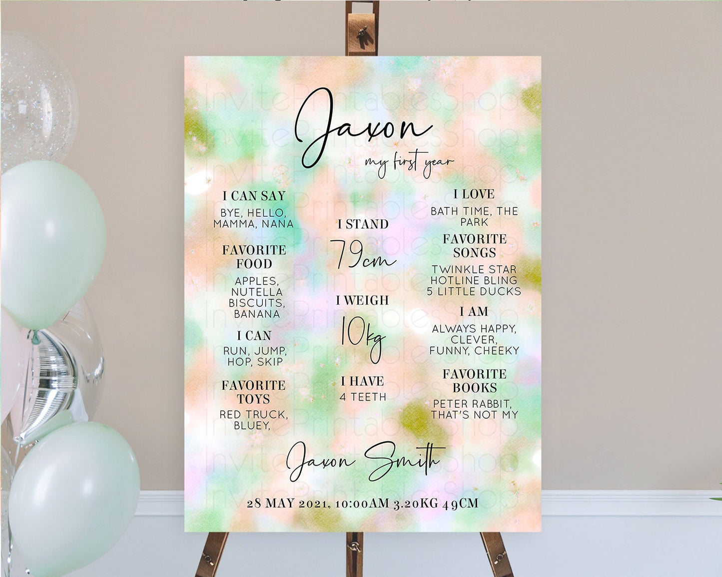 Pastel First Birthday Milestone Board Pastel Rainbow Milestone Poster Colorful Confetti Watercolor Glitter 1st Birthday Welcome Sign D10693