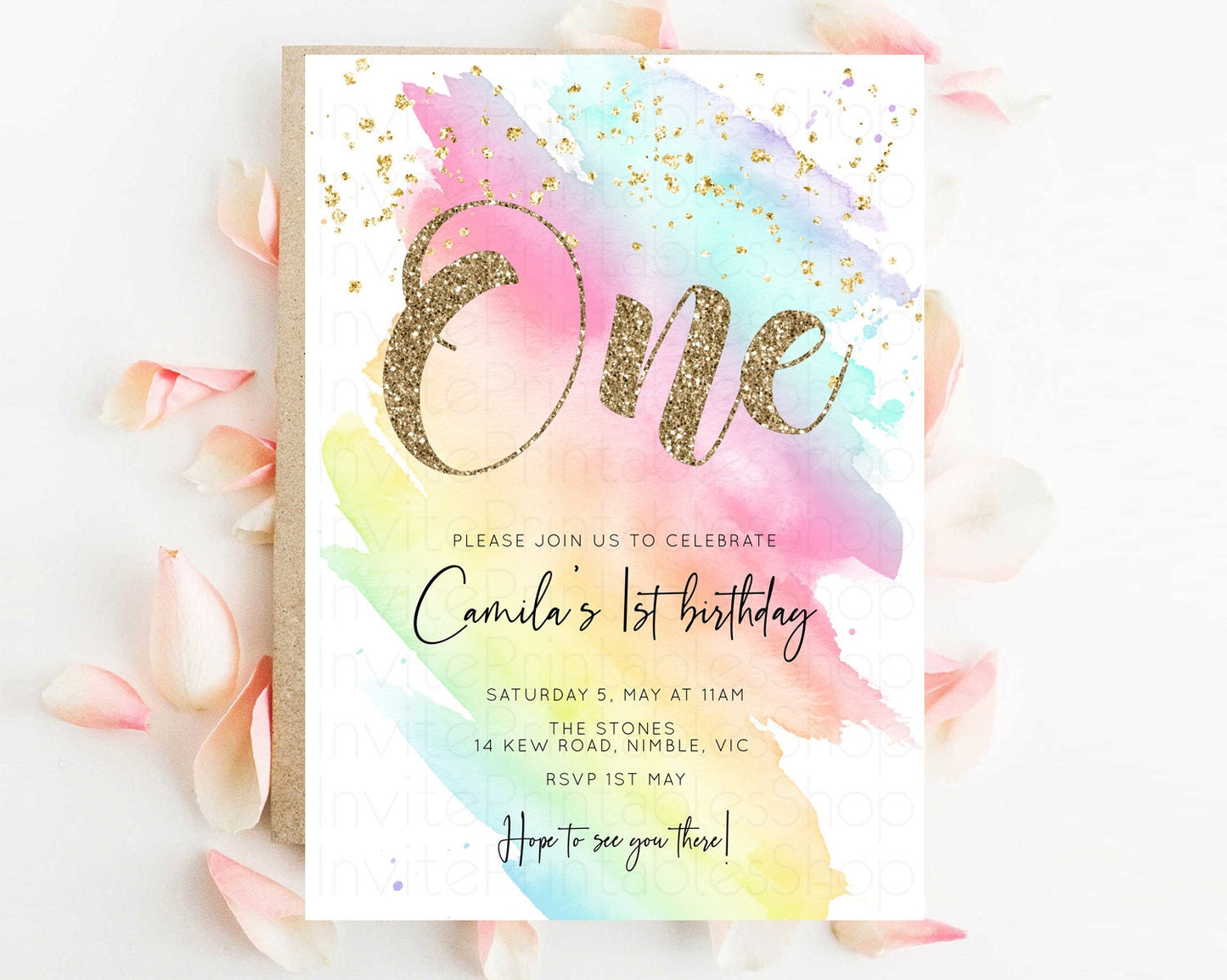 Rainbow Birthday Invitation Pastel Rainbow Birthday Invitation Ombre Watercolor Invite Colorful Splash Glitter Sprinkles 1st 2nd 3rd T518