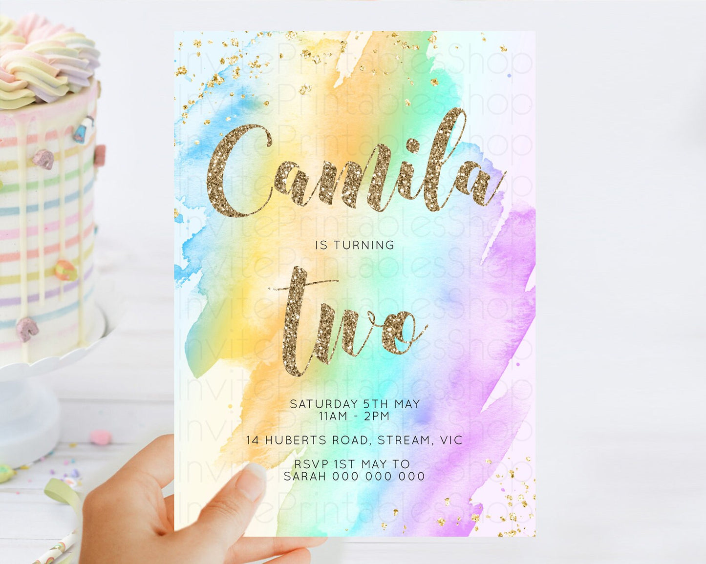 Rainbow Birthday Invitation Colorful Pastel Watercolor Invitation Gold Glitter Sprinkles Ombre Pastel 1st 2nd 3rd Birthday D10426