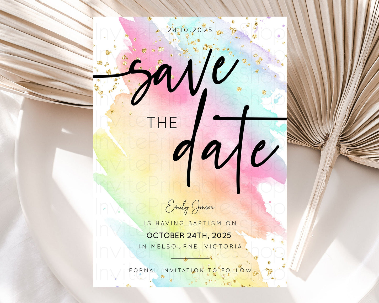 Pastel Save The Date Template Pastel Ombre Rainbow Watercolor Colorful Party For Birthday Baptism Baby Shower Wedding Bridal Shower D10495