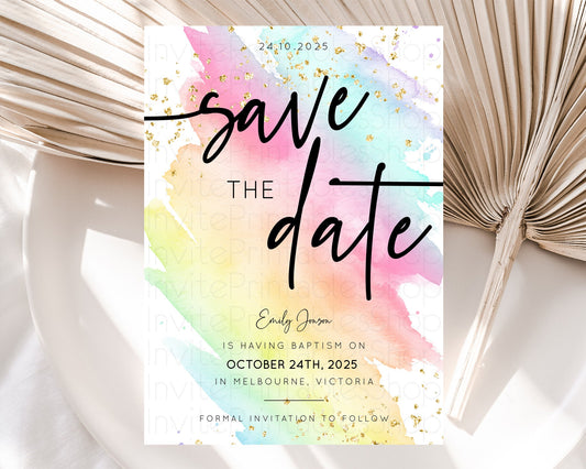 Pastel Save The Date Template Pastel Ombre Rainbow Watercolor Colorful Party For Birthday Baptism Baby Shower Wedding Bridal Shower D10495