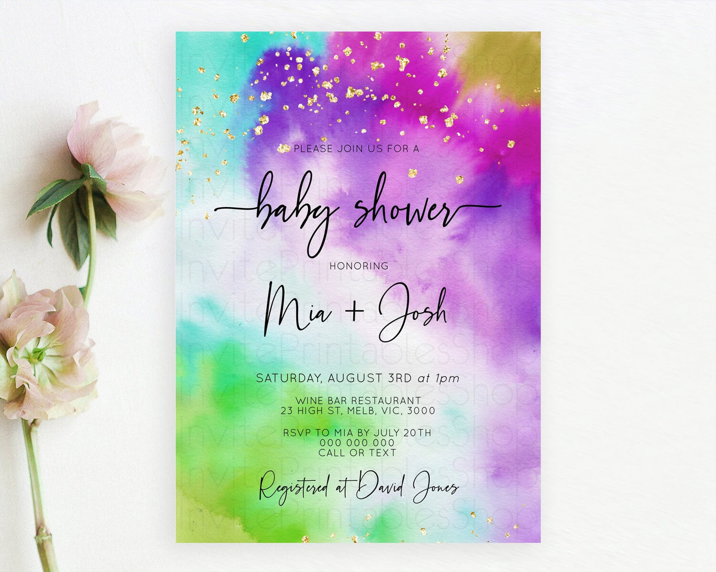 Pastel Baby Shower Invitation Rainbow Baby Shower Invitation Colorful Pastel Watercolor Invitation Gold Glitter Sprinkles Ombre D10536