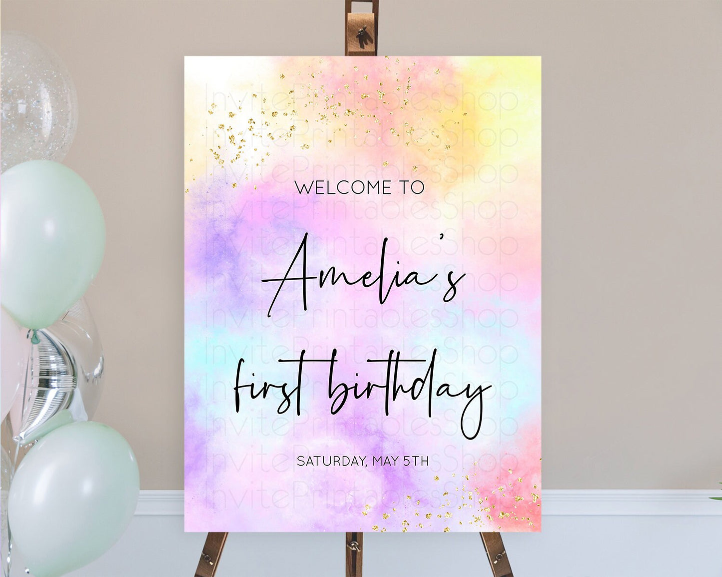 Pastel Welcome Sign Pastel Rainbow Welcome Sign Colorful Rainbow Confetti Watercolor Glitter Pastel First Birthday Welcome Sign D10438