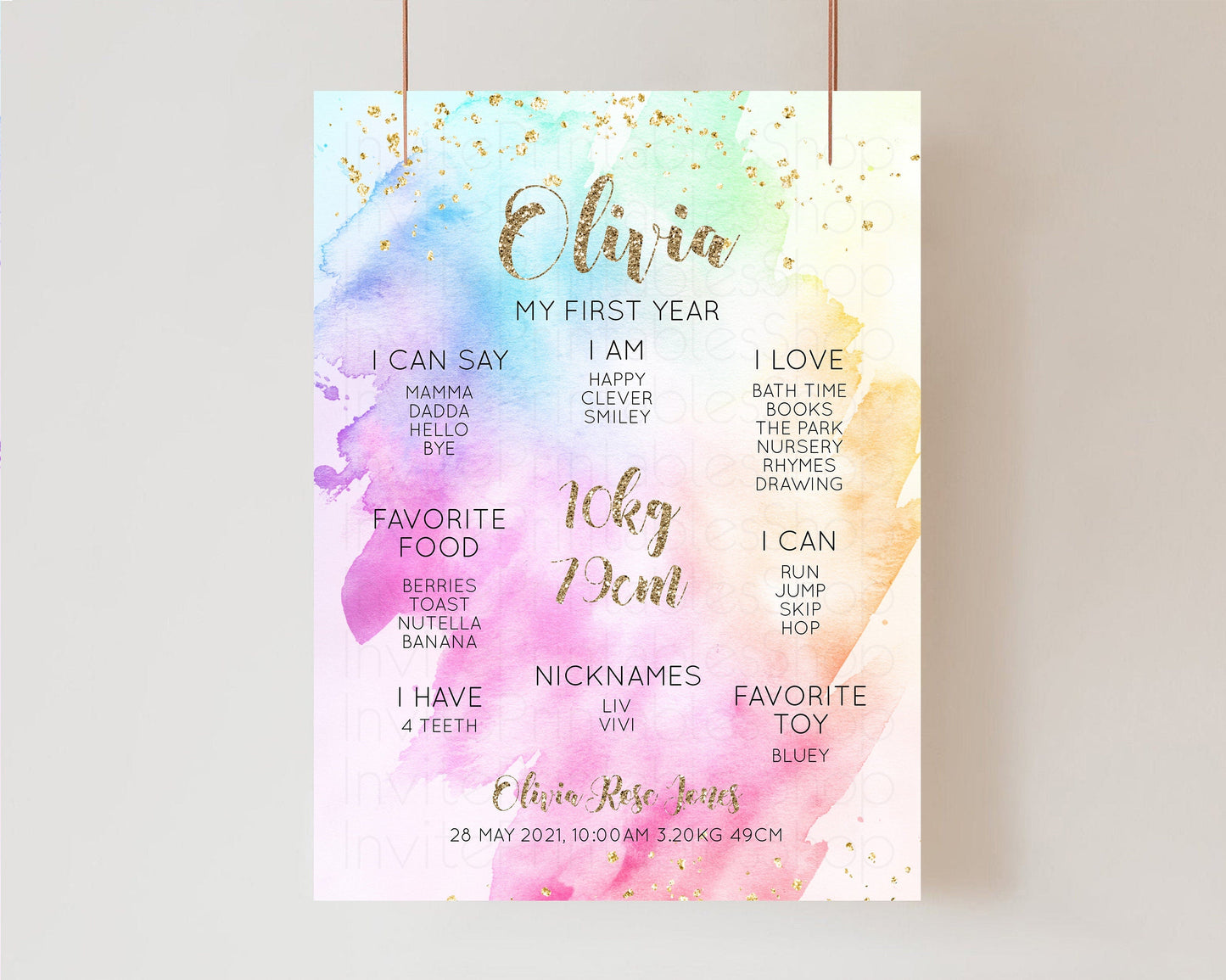 Pastel First Birthday Milestone Board Pastel Rainbow Milestone Poster Watercolor Glitter One Year Poster Colorful Splash Baby 1st Year g504