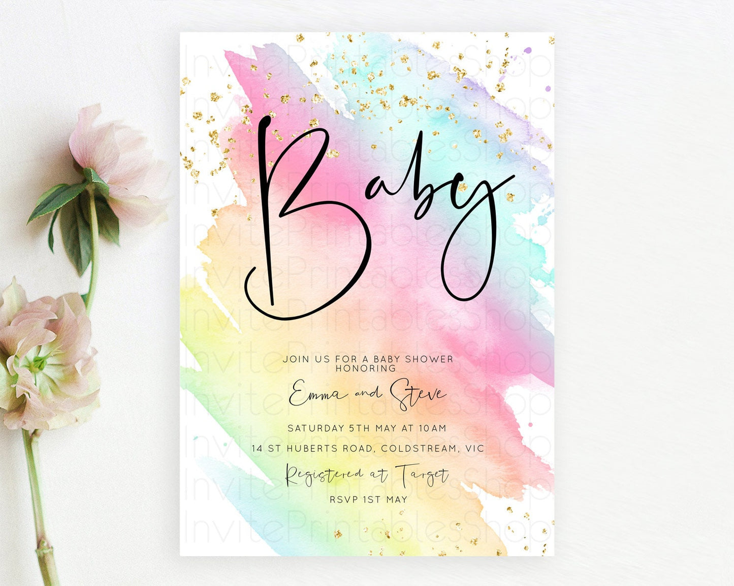 Pastel Baby Shower Invitation Rainbow Baby Shower Invitation Pastel Color Watercolor Invitation Pink Blue Yellow Gold Sprinkles Ombre D10495