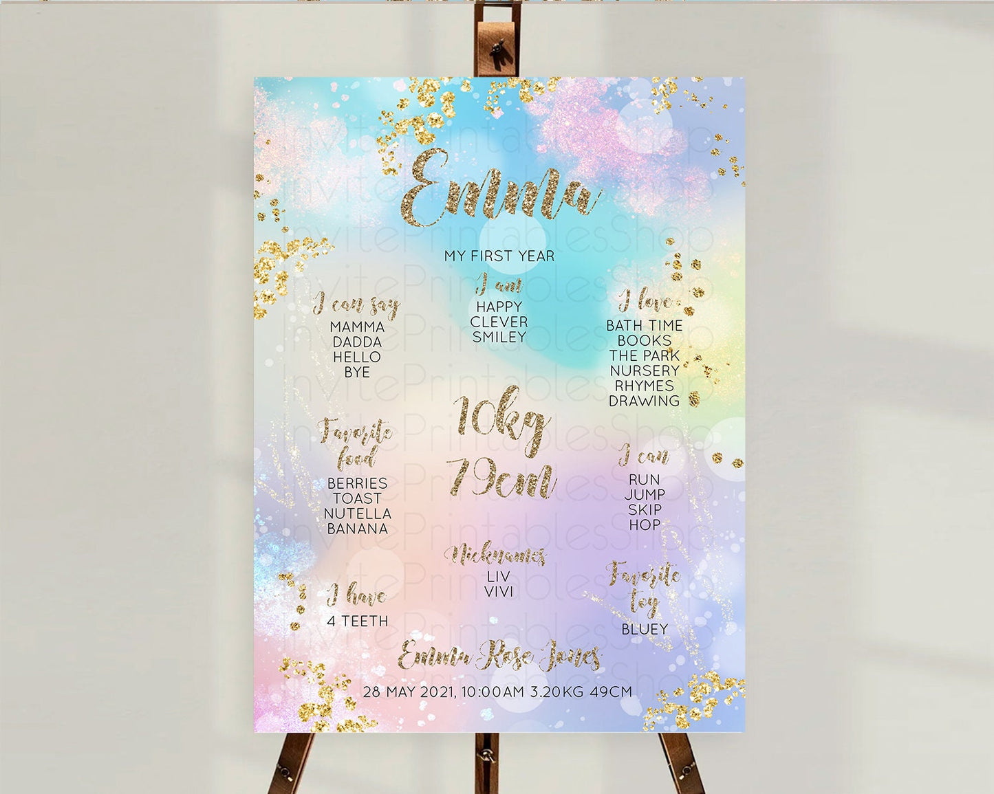 Pastel First Birthday Milestone Board Pastel Rainbow Milestone Poster Colorful Confetti Watercolor Glitter 1st Birthday Welcome Sign D10677