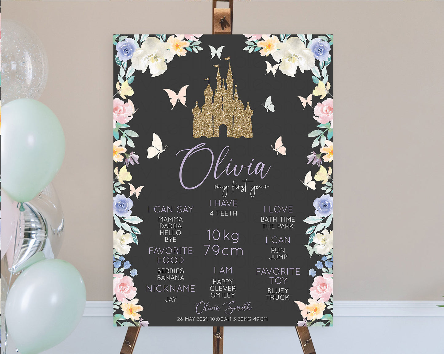 Princess First Birthday Milestone Poster Castle Milestone Board Secret Garden Enchanted Castle Pastel Floral Garden First Birthday D10863