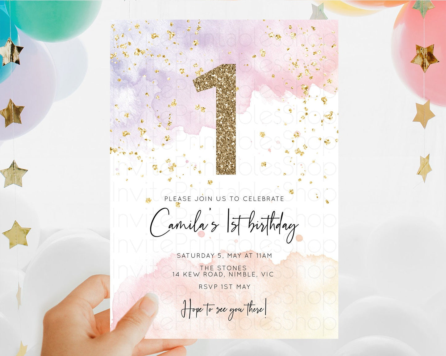 Rainbow Birthday Invitation Colorful Pastel Watercolor Invitation Gold Glitter Sprinkles Ombre Pastel 1st 2nd 3rd Birthday D10327