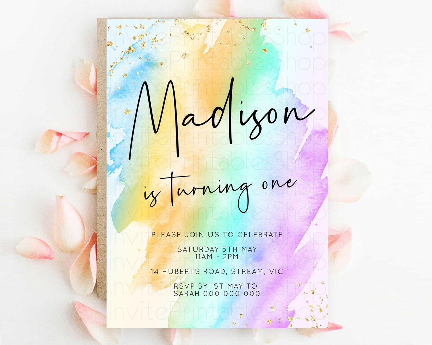 Rainbow Birthday Invitation Colorful Pastel Watercolor Invitation Gold Glitter Sprinkles Ombre Pastel 1st 2nd 3rd Birthday D10427