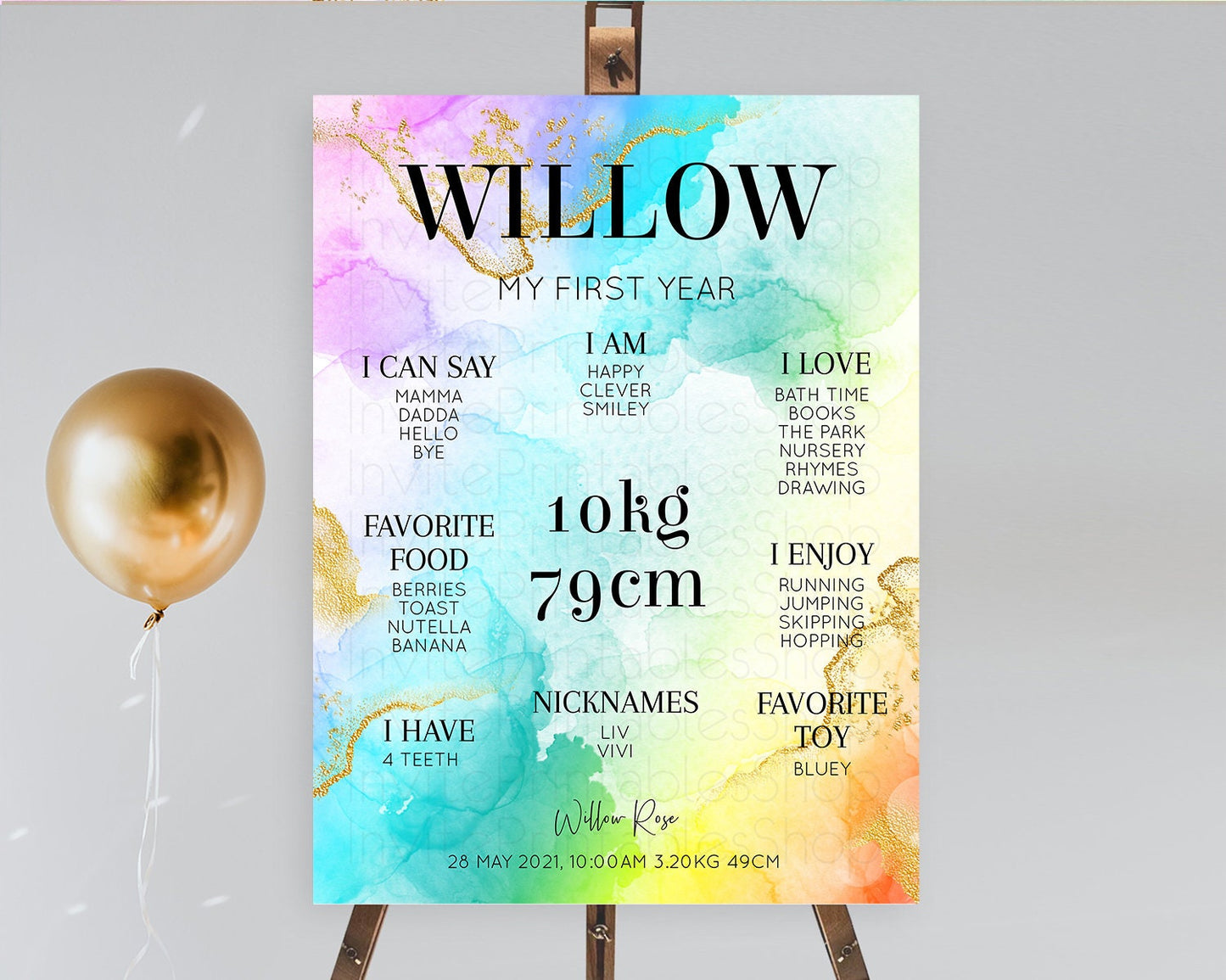 Pastel First Birthday Milestone Board Pastel Rainbow Milestone Poster Colorful Confetti Watercolor Glitter 1st Birthday Welcome Sign D10393