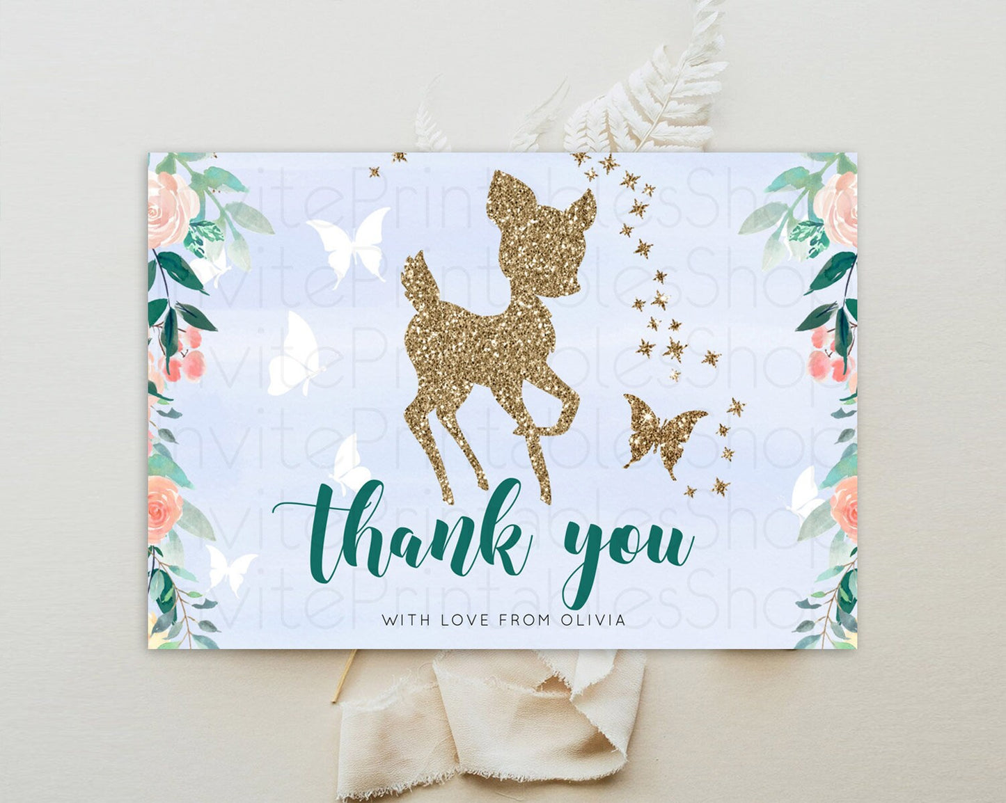 Fawn Thank You Deer Thank You Card Pastel Floral Deer Birthday Thank You Card Enchanted Forest Butterfly Deer Teacher Thank You Card D10875