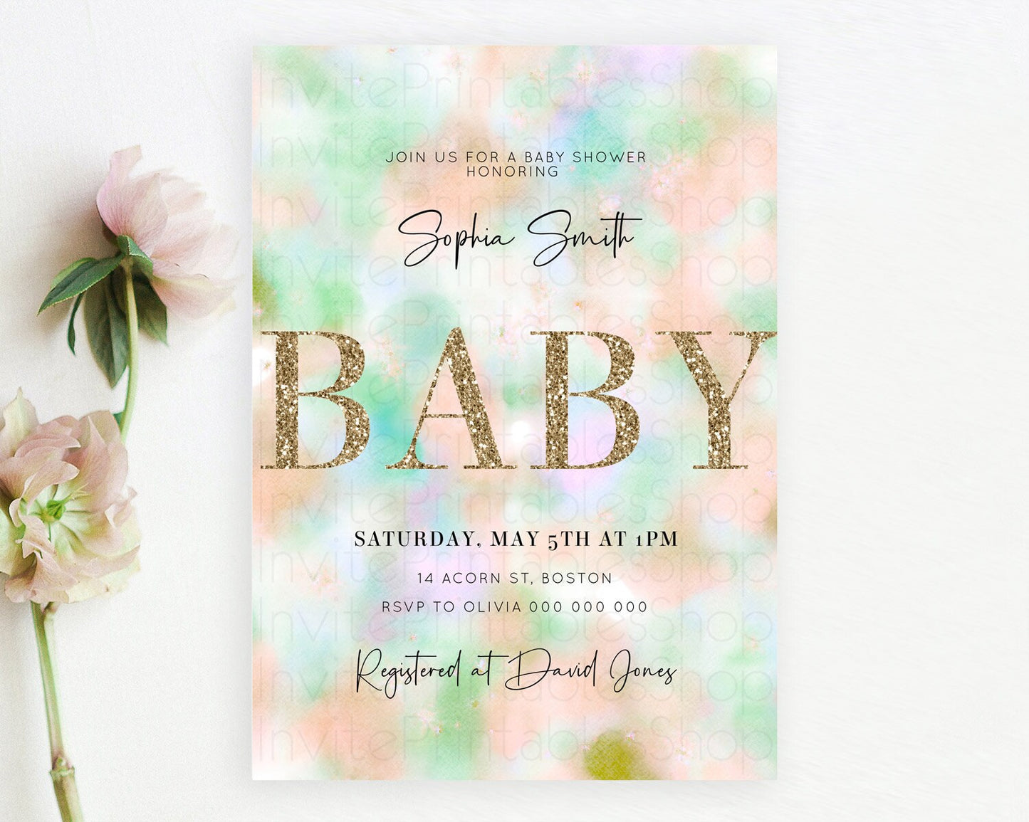 Watercolor Baby Shower Invitation, Pastel Orange and Green Tie Dye, Clouds, Gold Glitter Sprinkles, Rainbow, Colorful Pastel Ombre D10693