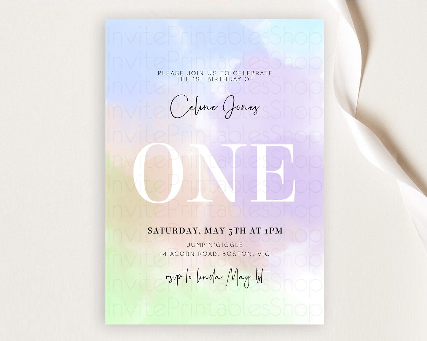 Rainbow Birthday Invitation Colorful Pastel Watercolor Invitation Gold Glitter Sprinkles Ombre Pastel 1st 2nd 3rd Birthday D10371