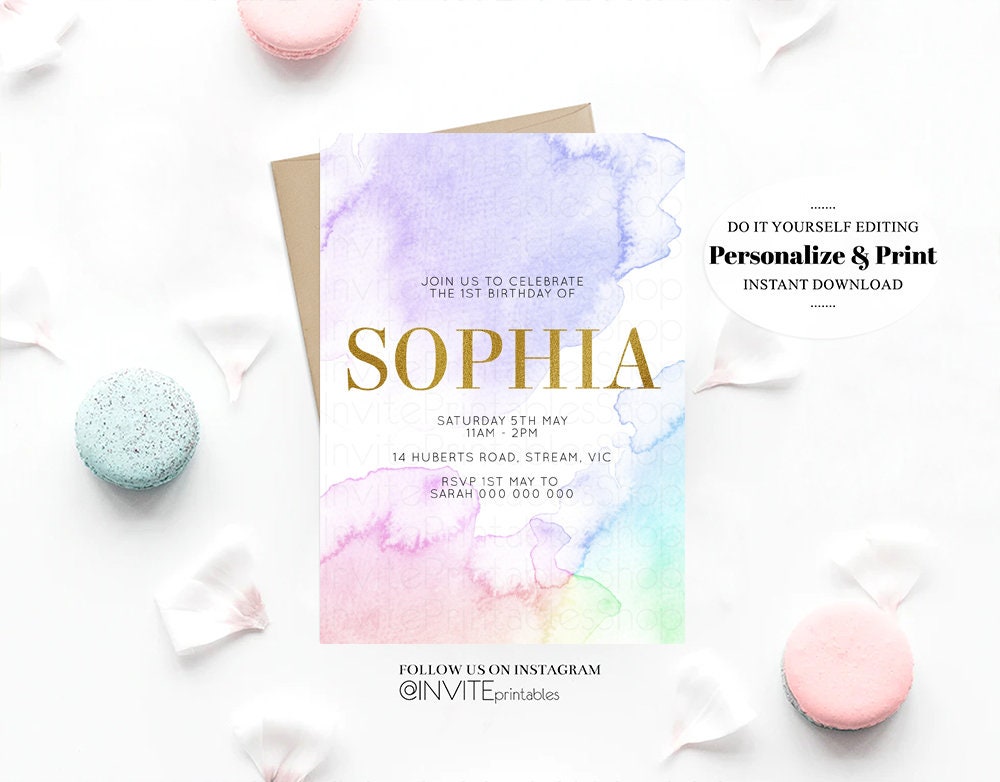 Pastel Rainbow Birthday Invitation Colorful Watercolor Splash Ombre Ink Paint Gold Foil Purple Pink Blue Modern Custom Printable 193