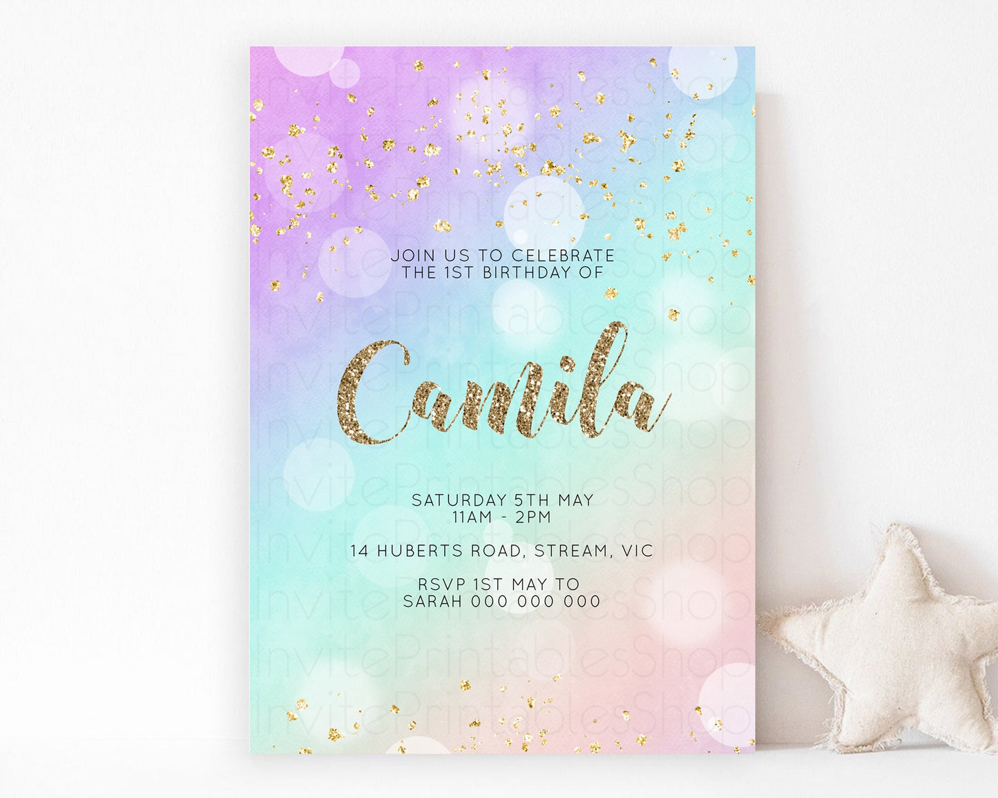 Rainbow Birthday Invitation Pastel Birthday Invite Ombre Watercolor Invite Enchanted Theme Colorful Splash Glitter Sprinkles 1st 2nd 3rd