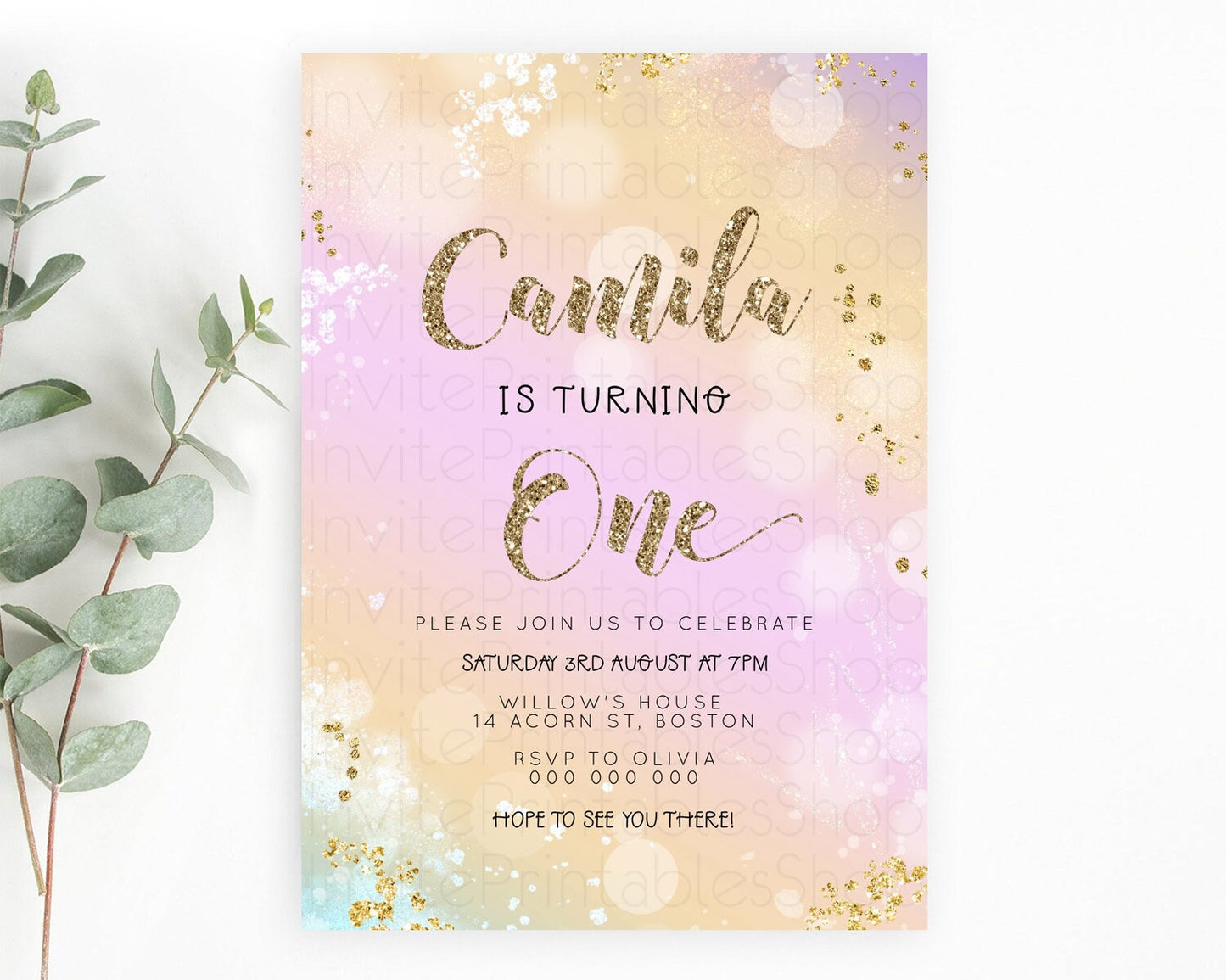 Rainbow Birthday Invitation Colorful Pastel Watercolor Invitation Gold Glitter Sprinkles Ombre Pastel 1st 2nd 3rd Birthday D23122