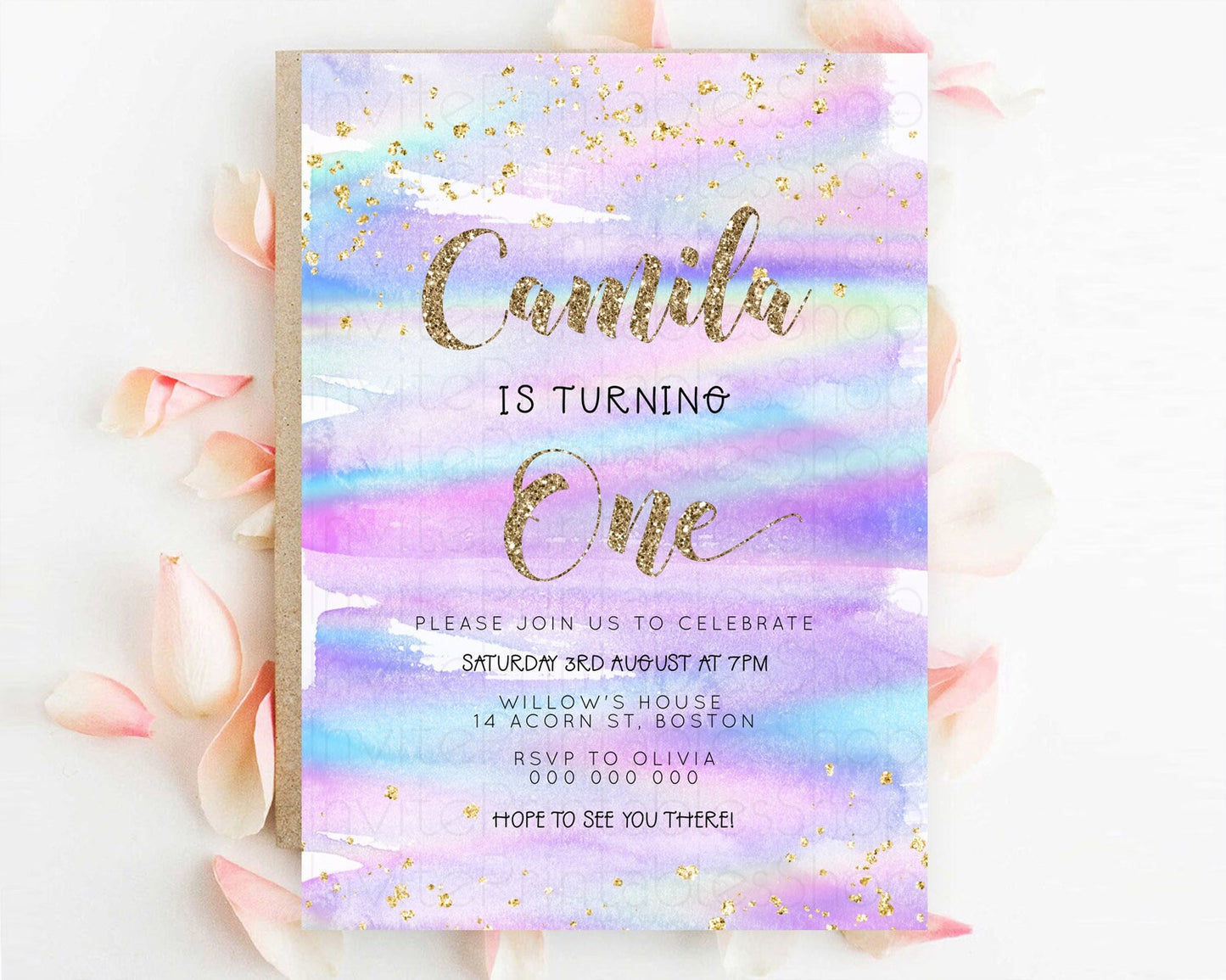 Rainbow Birthday Invitation Colorful Pastel Watercolor Invitation Gold Glitter Sprinkles Ombre Pastel 1st 2nd 3rd Birthday D23262