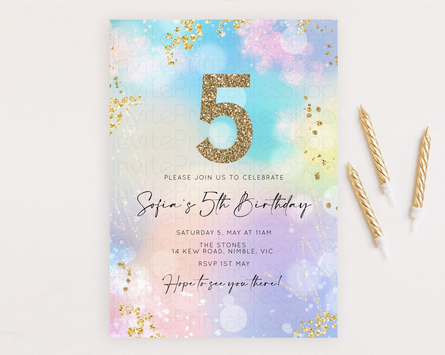 Rainbow Birthday Invitation Colorful Pastel Watercolor Invitation Gold Glitter Sprinkles Ombre Pastel 1st 2nd 3rd Birthday D10675