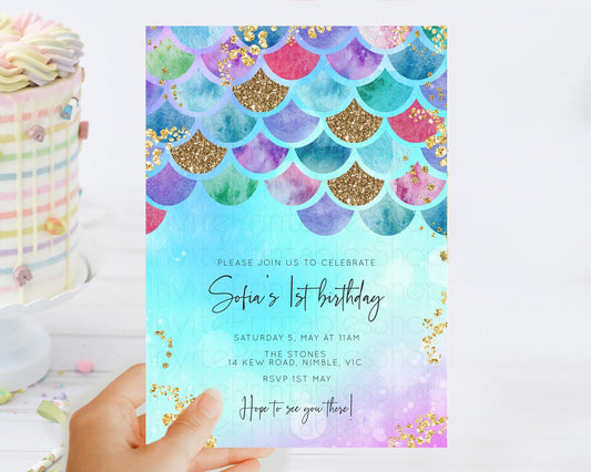 Rainbow Fish Invitation Rainbow Fish Birthday Invitation Watercolor Mermaid Invitation Rainbow Sea Invitation Pastel First Birthday D10581