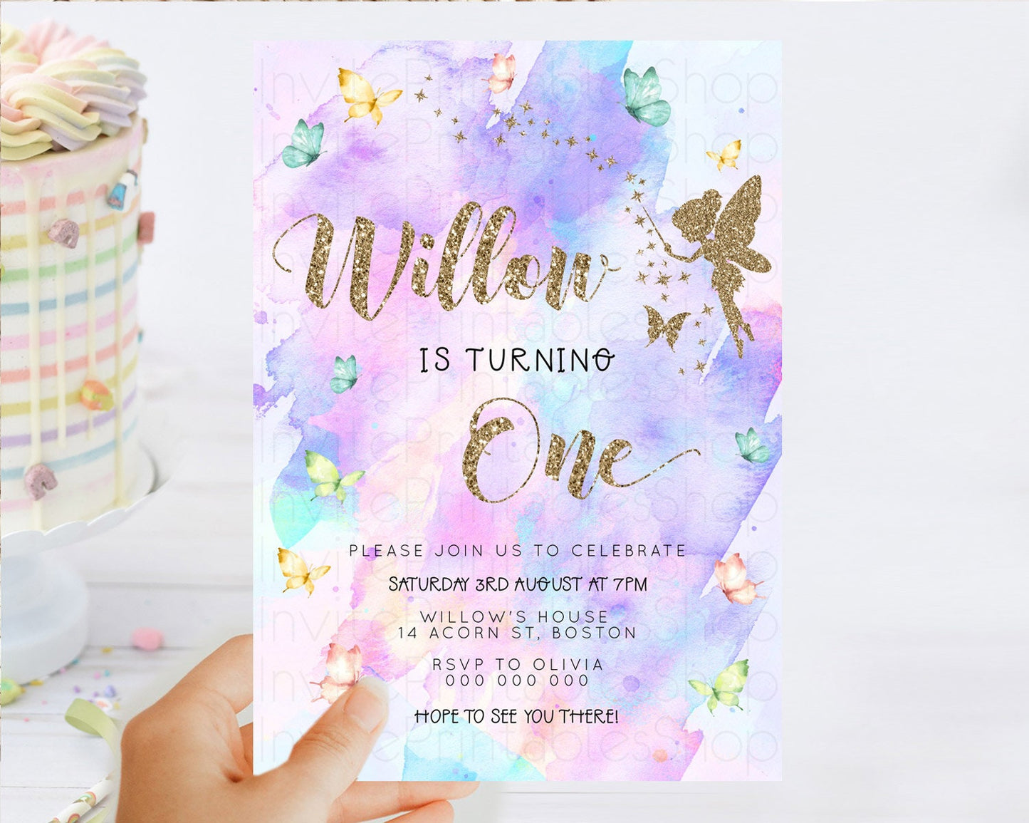 Pastel Fairy Birthday Invitation Pastel Butterflies Fairy Birthday Invitation Rainbow Ombre Watercolor 1st 2nd Birthday Invitation D23346