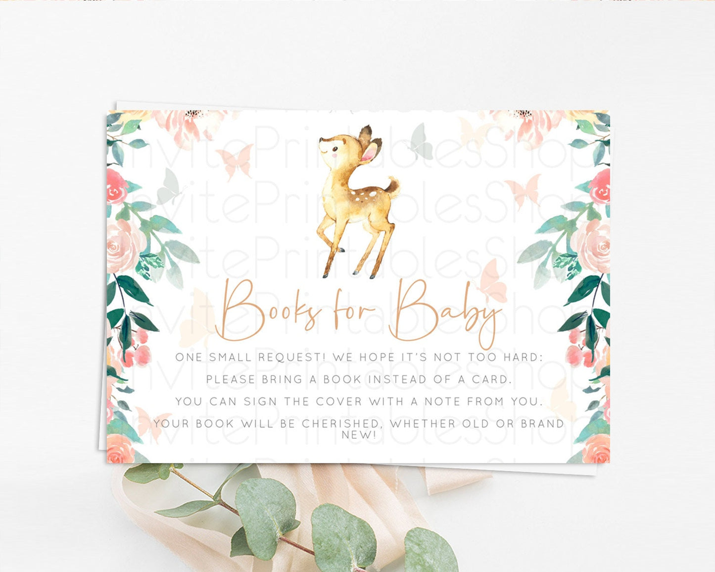 Fawn Books For Baby Card Deer Book Insert Floral Deer Book Card Enchanted Forest Butterfly Pastel Baby Shower Book Poem Request D10753