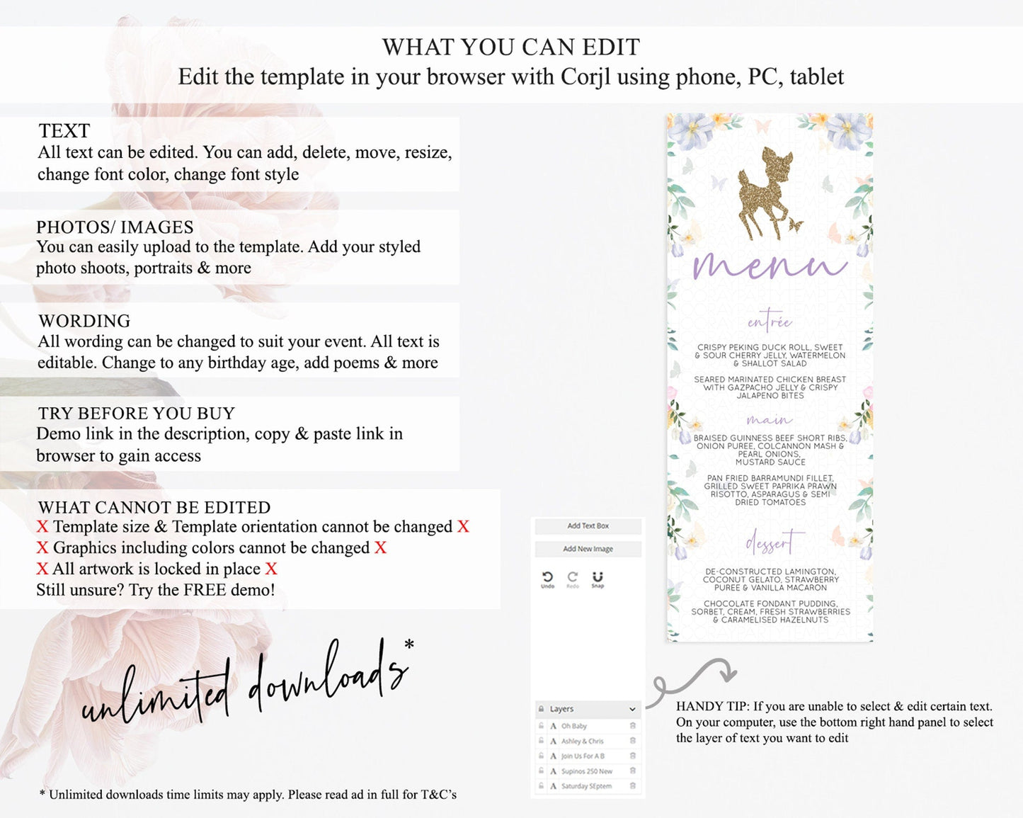 Fawn Menu Deer Menu Template Pastel Floral Deer Table Decor Enchanted Forest Butterfly Floral Dinner Dessert Menu Party Food Menu D10477