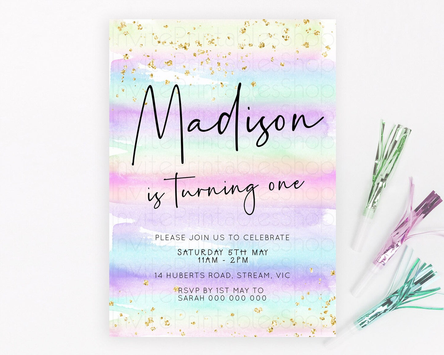 Pastel Birthday Invitation Ombre Watercolor Birthday Invitation Glitter Rainbow Color Splash 1st 2nd 3rd Birthday Invitation D23032