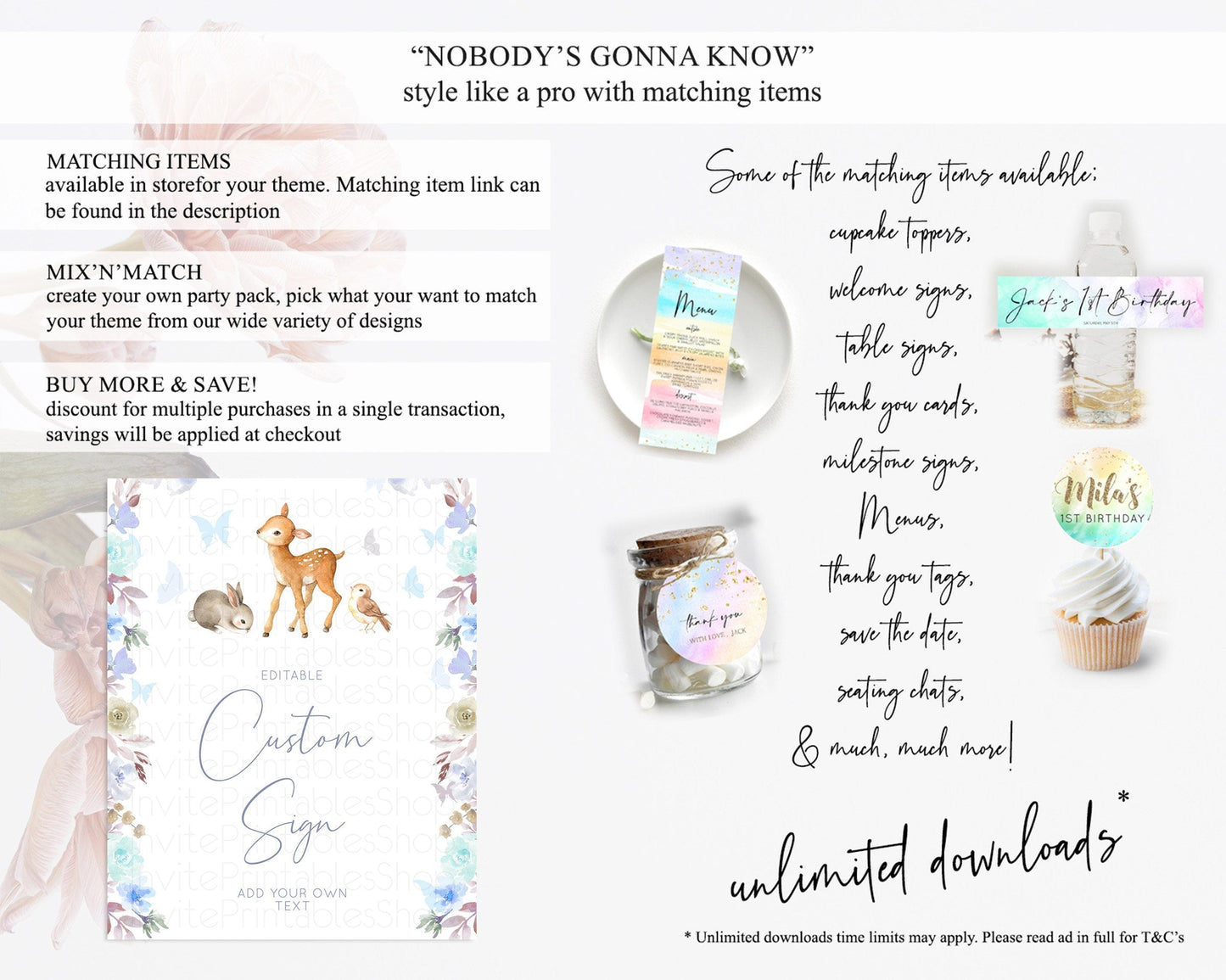 Fawn Deer Sign Pastel Floral Deer Table Sign Decor Enchanted Forest Butterfly Party 1st Birthday Baptism Baby Shower Bridal Shower D10929