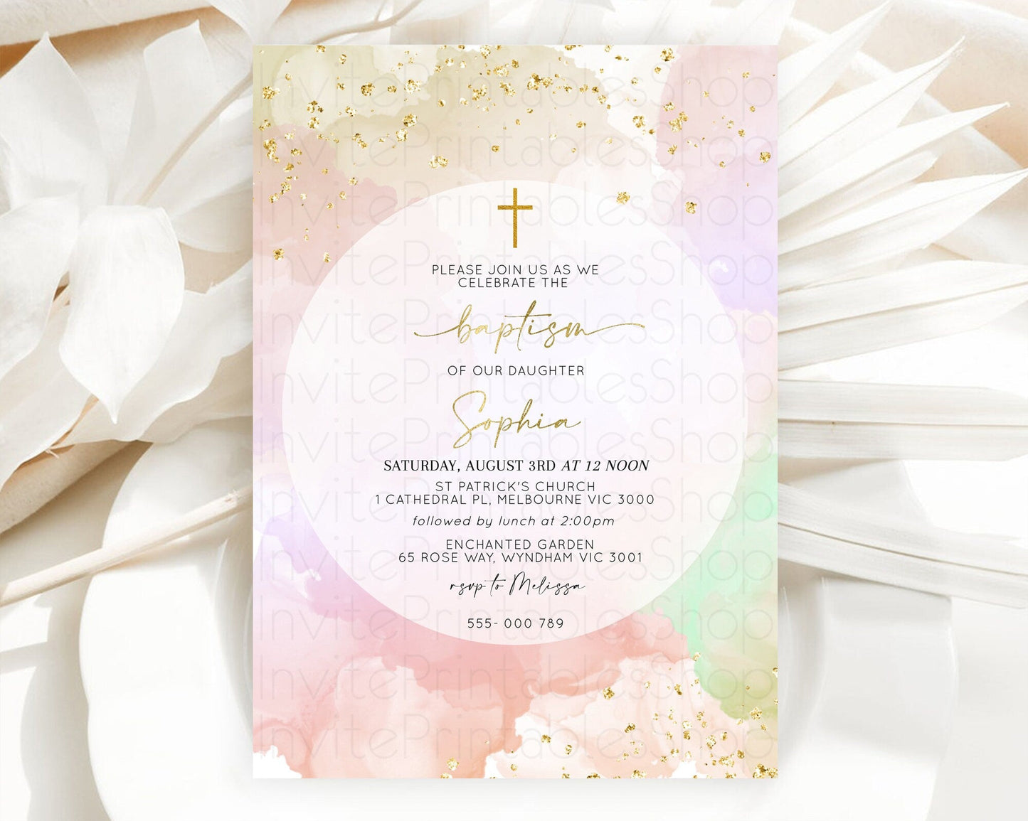Pastel Baptism Invitation Pastel Colors Watercolor Baptism 1st Birthday Party Gold Ombre Pastel Rainbow Christening Holy Communion D10627