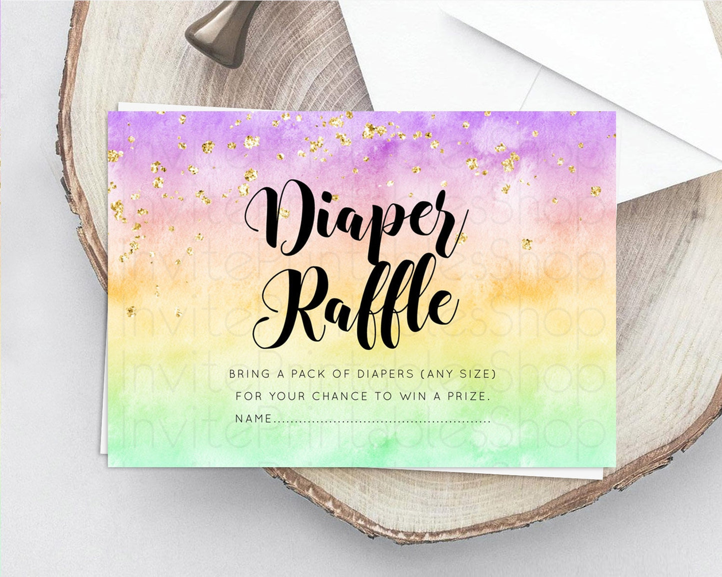 Pastel Diaper Raffle Card Pastel Rainbow Diaper Raffle Insert Colorful Ombre Watercolor Diaper Ticket Confetti Glitter Raffle Game D10512