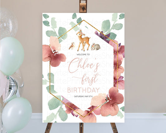 Fawn Welcome Sign Deer Welcome Board Floral Deer Welcome Poster Enchanted Forest Butterfly Pastel Floral First Birthday Welcome Sign D10913