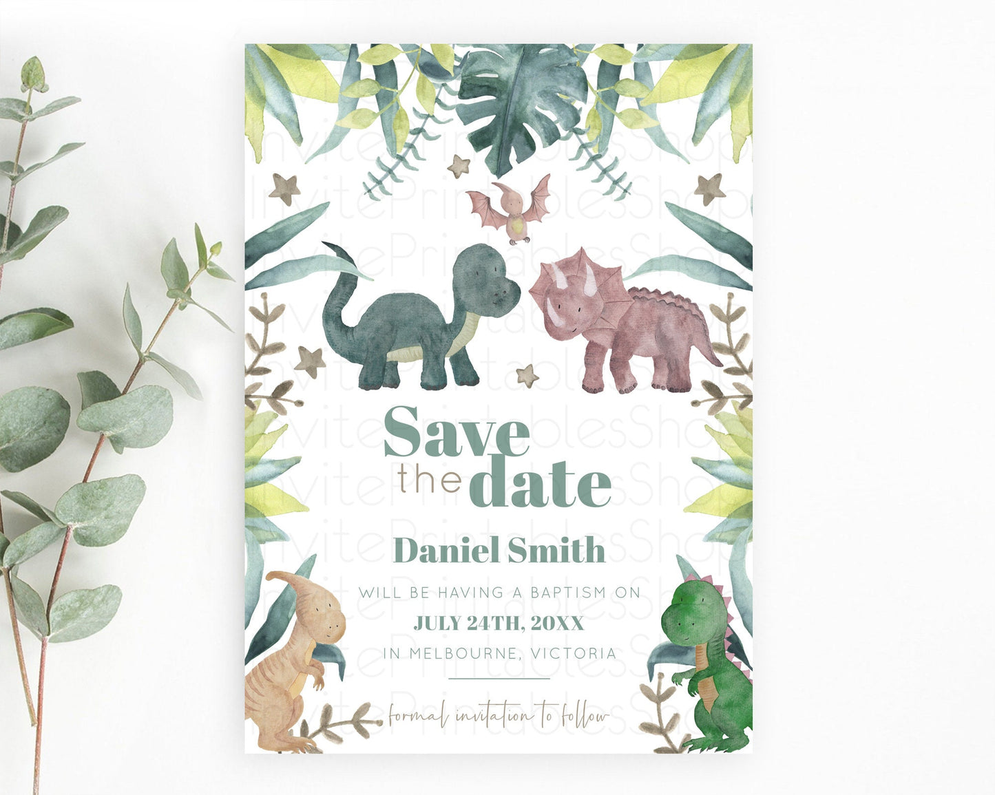 Dinosaur Save The Date Template Dinosaur Volcano Watercolor Volcano T-Rex Raptor Jurassic Party 1st Birthday Baptism Baby Shower D10597