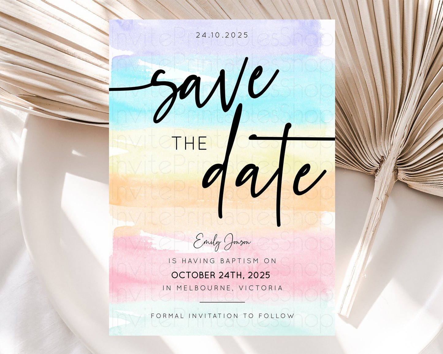 Pastel Save The Date Template Pastel Ombre Rainbow Watercolor Colorful Party For Birthday Baptism Baby Shower Wedding Bridal Shower D10505