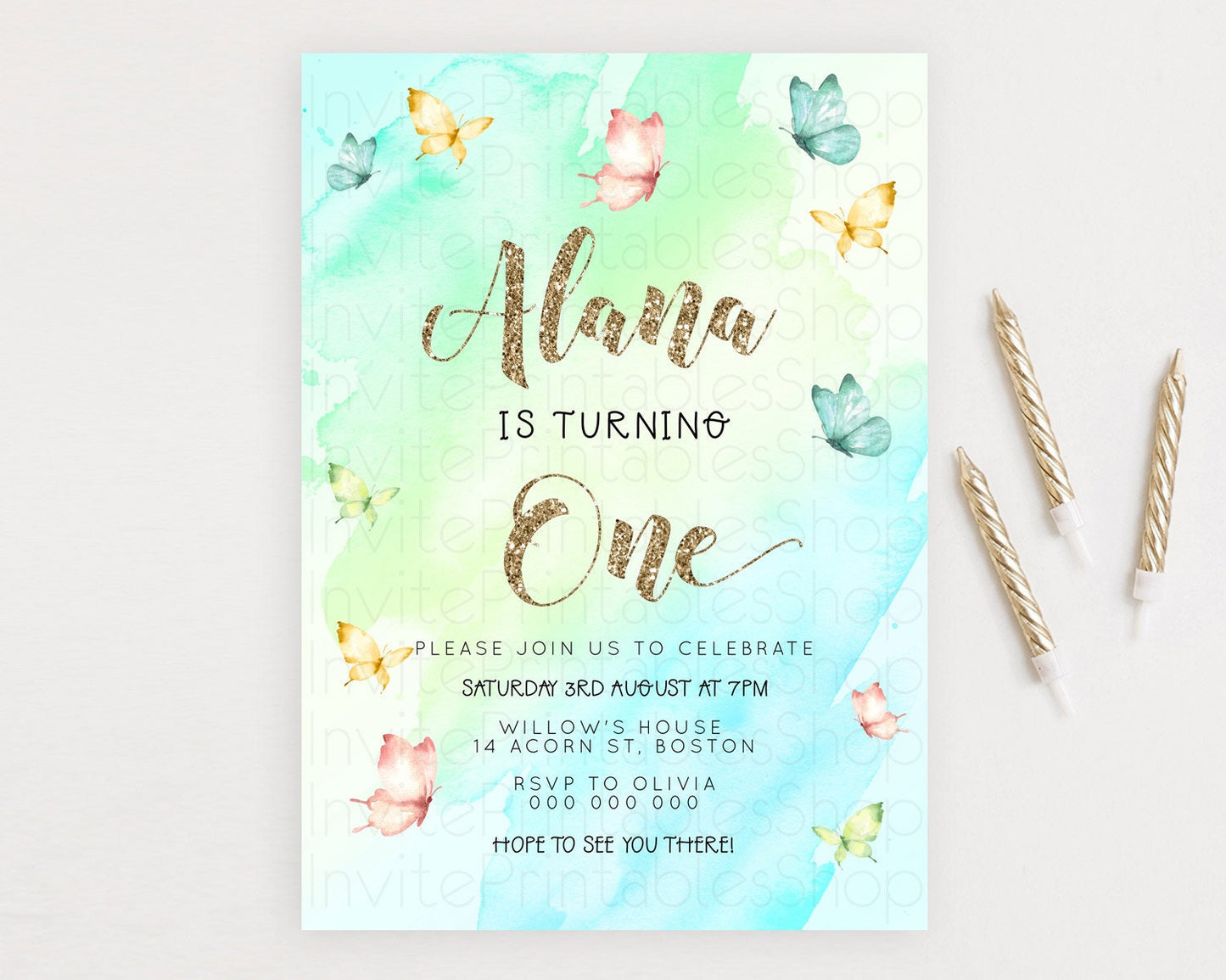 Pastel Butterfly Birthday Invitation Butterfly Birthday Invitation Colorful Splash Glitter Butterfly Garden 1st 2nd Birthday D23240