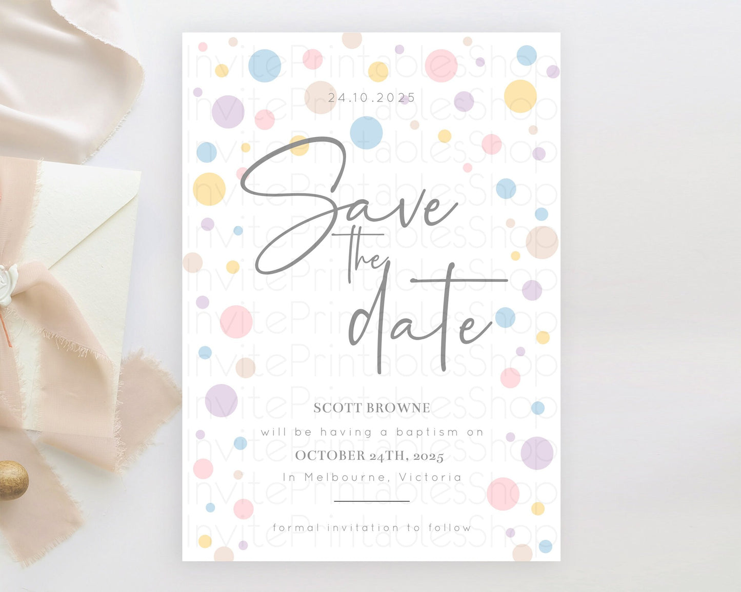 Pastel Confetti Save The Date Template Rainbow Colorful Sprinkles Party For 1st Birthday Baptism Baby Shower Wedding Bridal Shower D10759