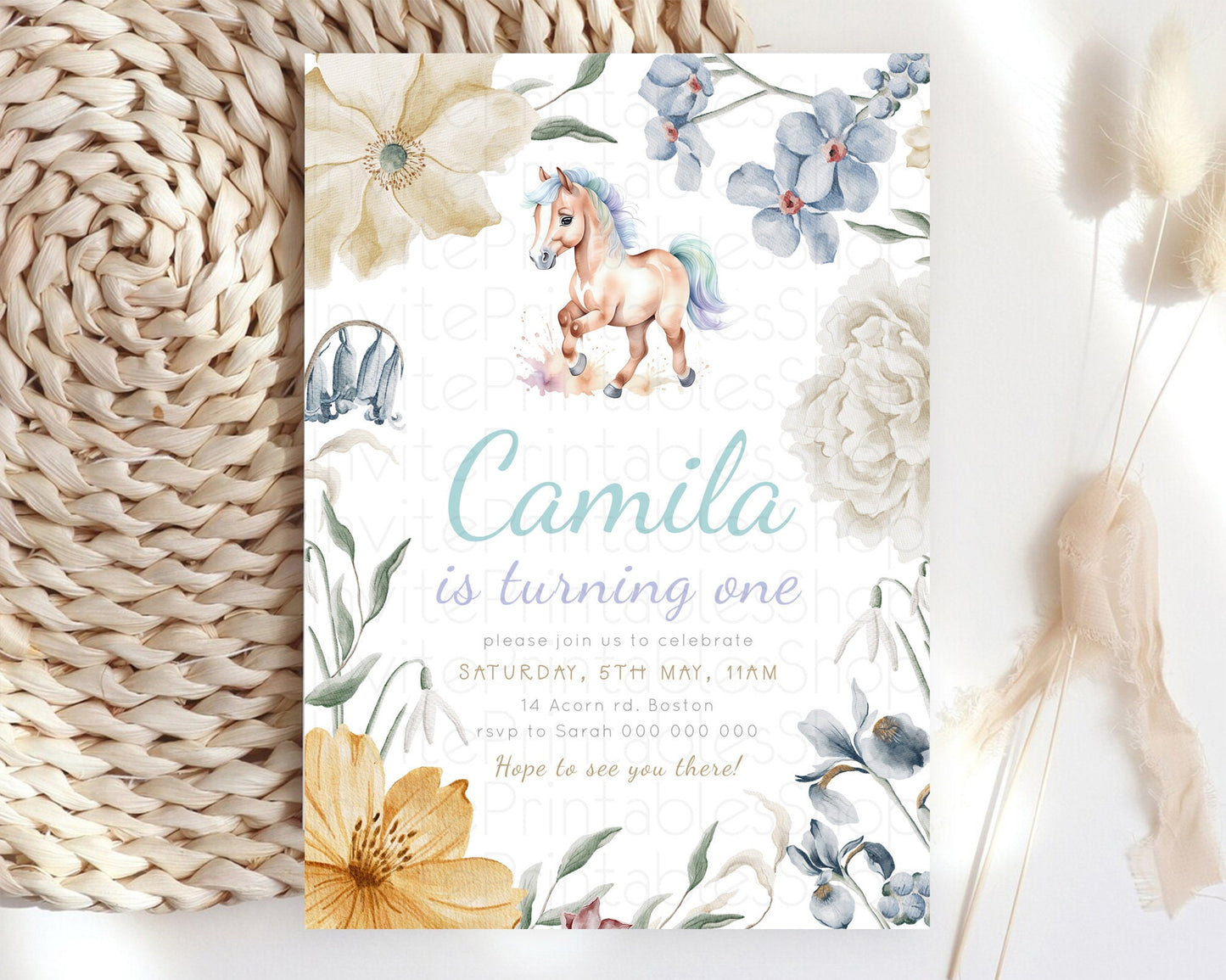 Horse Birthday Invitation, Galloping Wildflower Fields, Pastel Flowers, Butterflies, Flowers Accents for Equestrian & Cowgirls d23376