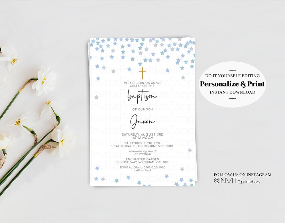 Twinkle Stars Baptism Invitation Confetti Stars Sprinkles Christening Invitation Soft Ombre Grey Green Blue Pastel Gold Orthodox Cross B423