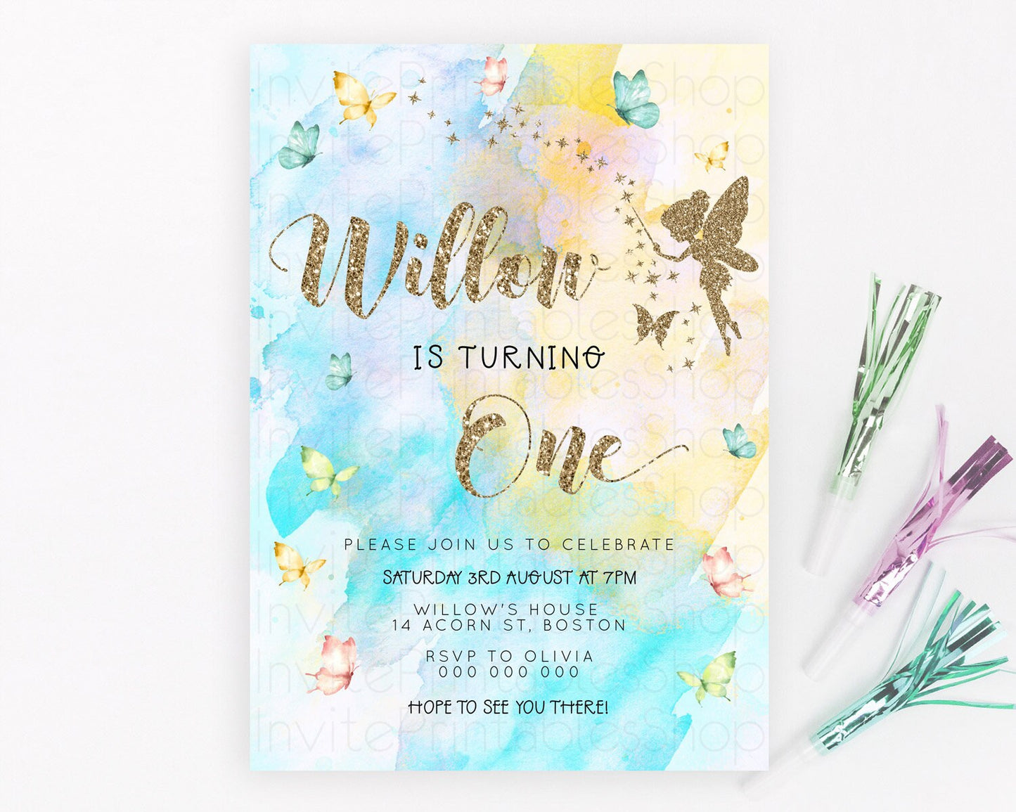 Pastel Fairy Birthday Invitation Pastel Butterflies Fairy Birthday Invitation Rainbow Ombre Watercolor 1st 2nd Birthday Invitation D23348