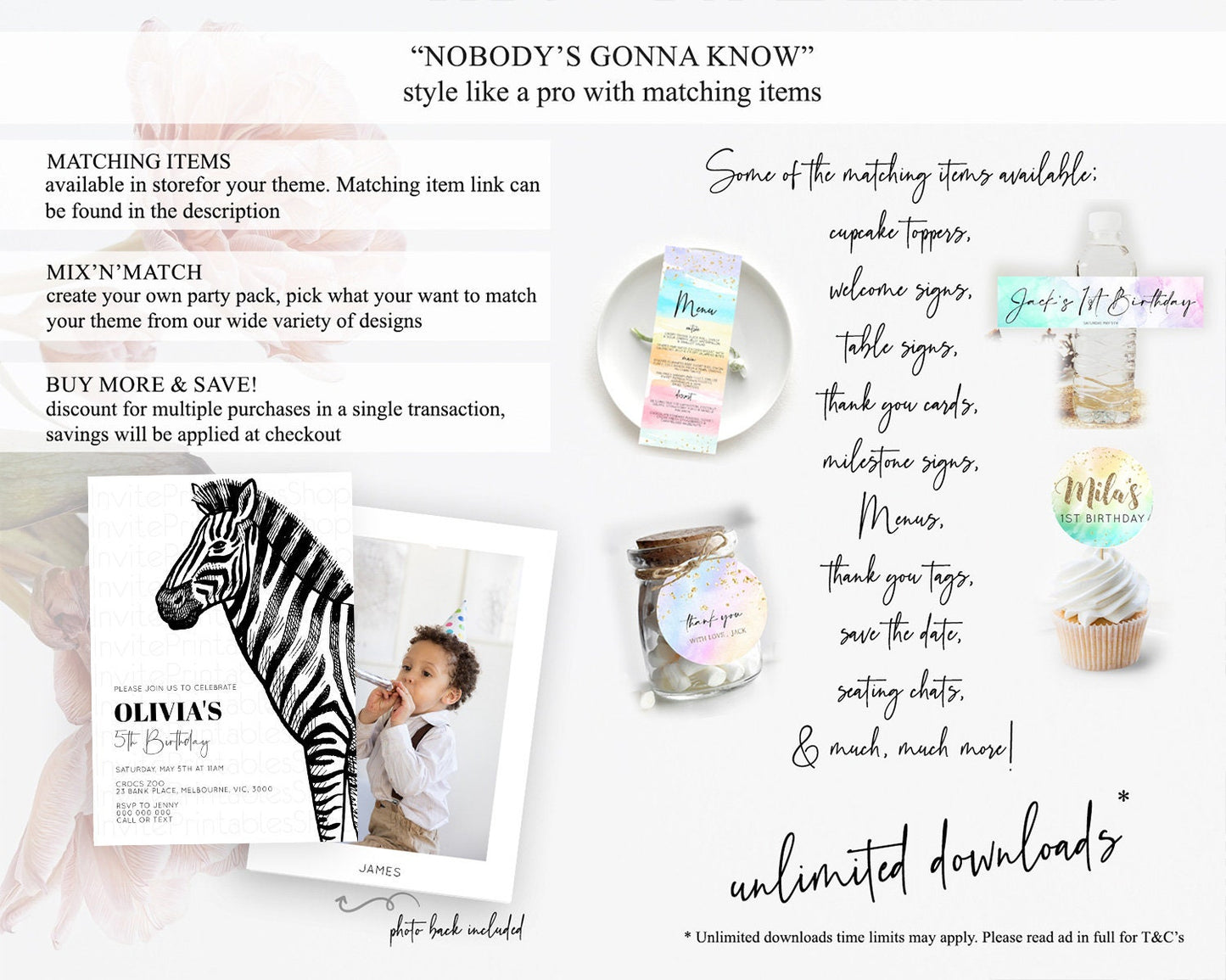 Zebra Birthday Invitation Zebra Invite Jungle Safari invite Watercolor Tropical Palm Invite Adventure Zoo Party Wild Animal Party D10249